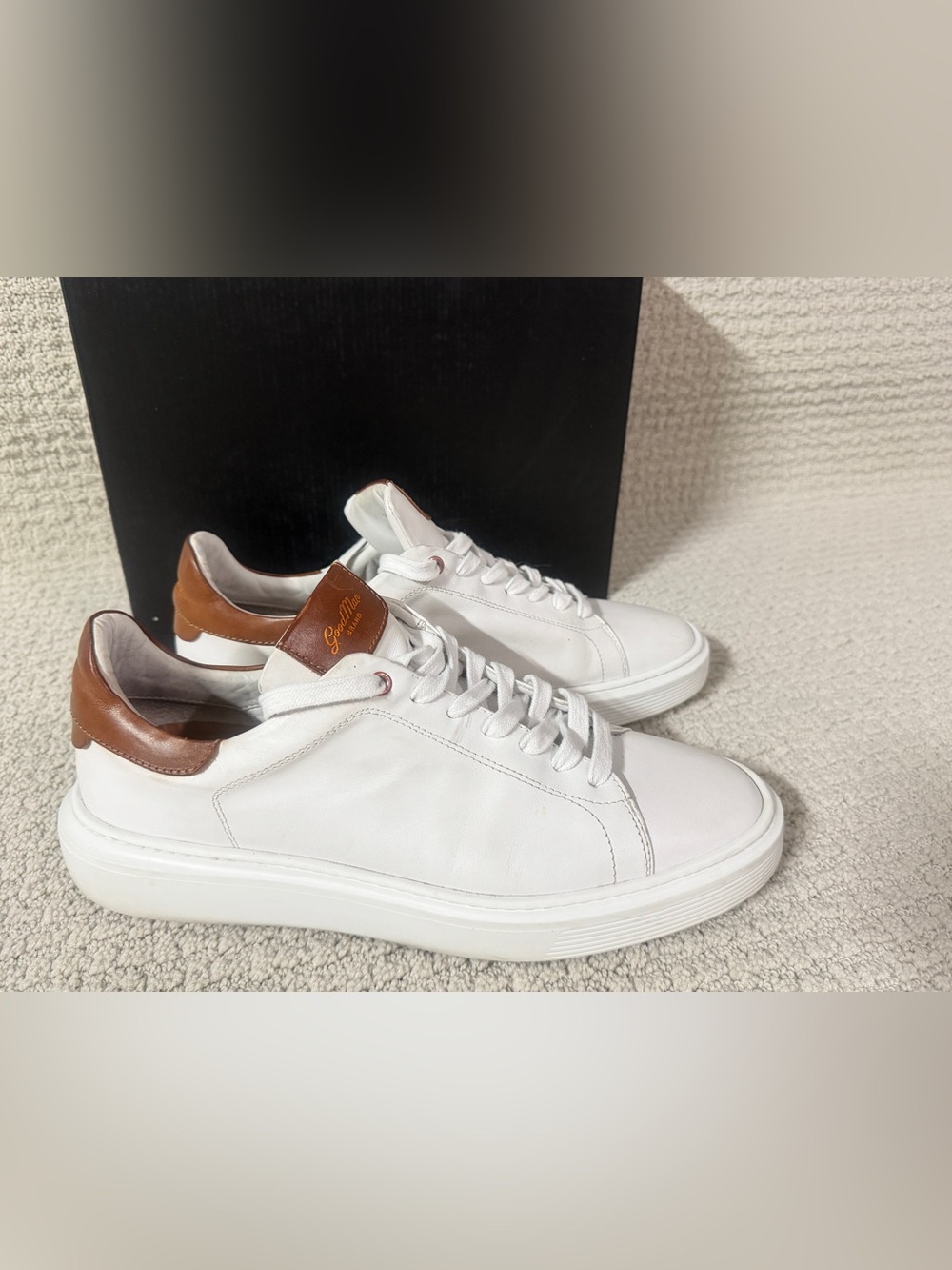 Good Man Brand White  Italian Leather Sneakers with Brown Heel and Tongue